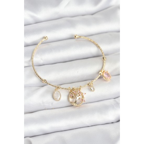 Hayat Ağacı Charmlı Gold Renk Pirinç Kadın Bileklik - TJ-BB8037