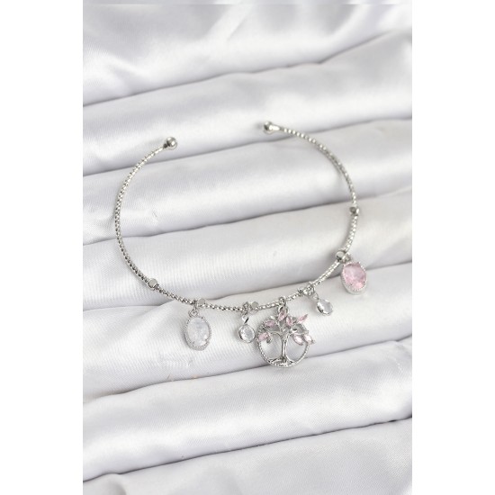 Hayat Ağacı Charmlı Gümüş Renk Pirinç Kadın Bileklik - TJ-BB8038