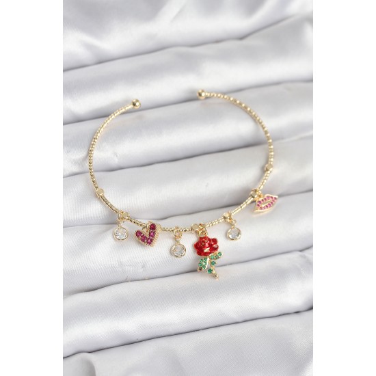 Gül Charmlı Gold Renk Pirinç Kadın Bileklik - TJ-BB8043