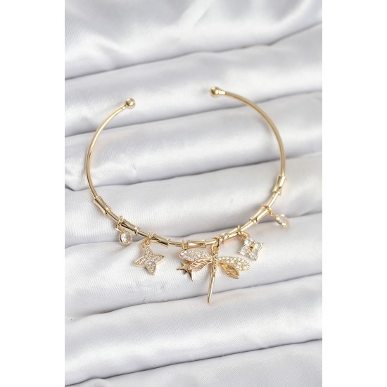 Yusufçuk Charmlı Gold Renk Pirinç Kadın Bileklik - TJ-BB8045