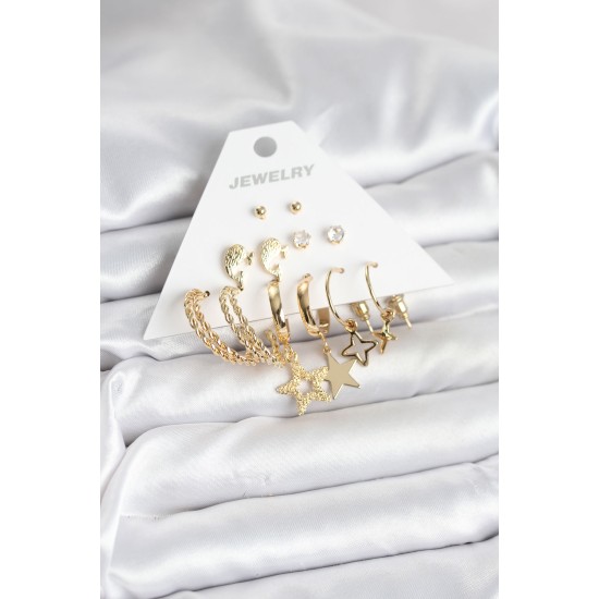 Gold Renk Yıldızlı Set 6 Çift Kadın Küpe Seti - TJ-BKP11320