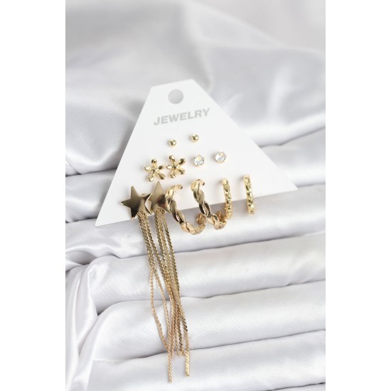 Pirinç Gold Renk 6 Çift Kadın Küpe Seti - TJ-BKP11321