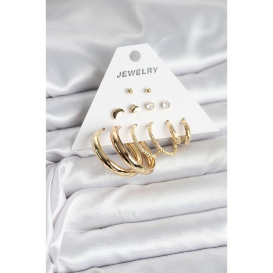 Gold Renk 6 Çiftli Pirinç Kadın Küpe Seti - TJ-BKP11323