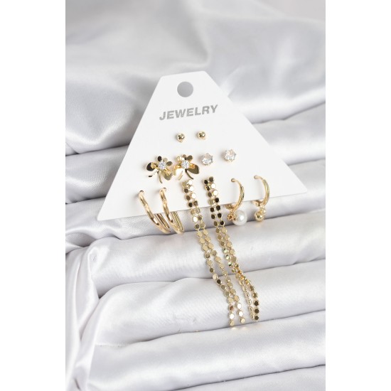 Gold Renk Pirinç 6'lı Kadın Küpe Seti - TJ-BKP11324