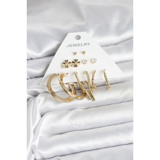 Pirinç Gold Renk 6 Çift Kadın Küpe Seti - TJ-BKP11325