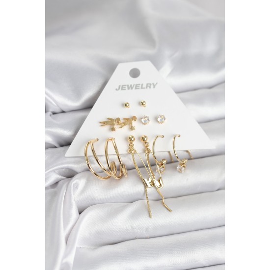 Pirinç Gold Renk 6 Çiftli Kadın Küpe Seti - TJ-BKP11327