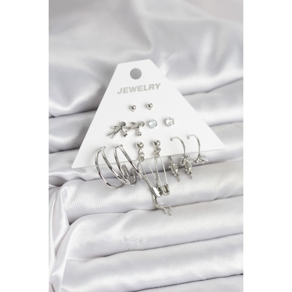 Pirinç Gümüş Renk 6'lı Kadın Küpe Seti - TJ-BKP11329