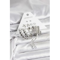 Gümüş Renk Pirinç 6'lı Kadın Küpe Seti TJ-BKP11330
