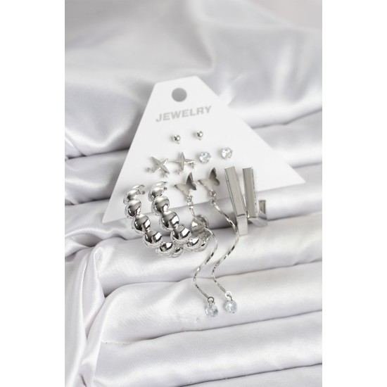 Gümüş Renk Pirinç 6'lı Kadın Küpe Seti - TJ-BKP11330