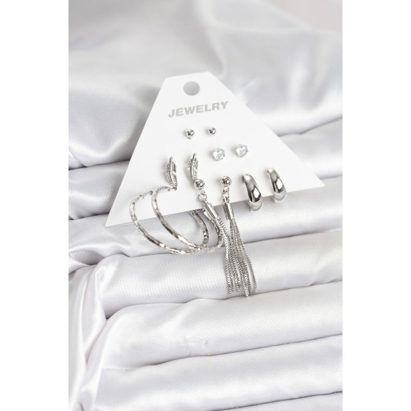 Gümüş Renk Pirinç 6 Çiftli Kadın Küpe Seti - TJ-BKP11331