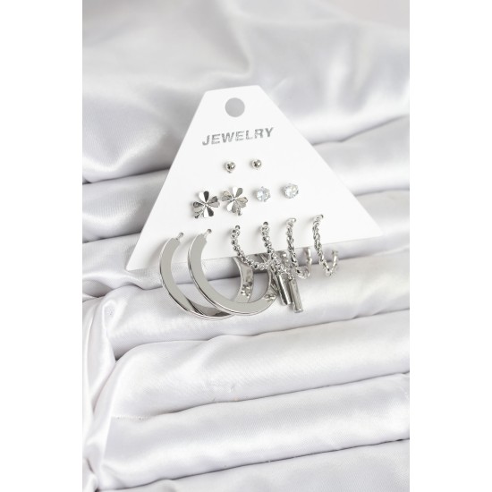 Pirinç Gümüş Renk 6 Çift Kadın Küpe Seti - TJ-BKP11332
