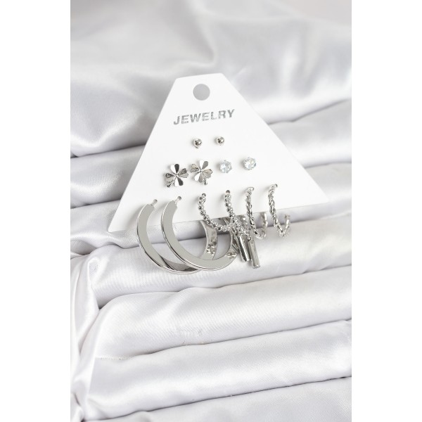 Pirinç Gümüş Renk 6 Çift Kadın Küpe Seti - TJ-BKP11332