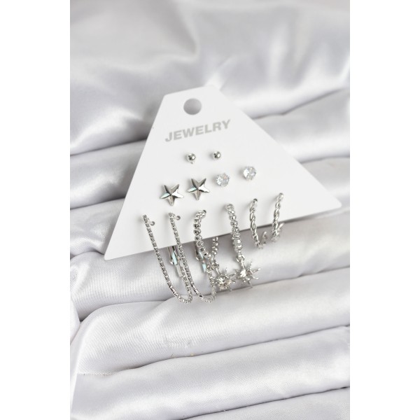 Pirinç Gümüş Renk Küpe Seti 6'lı - TJ-BKP11334