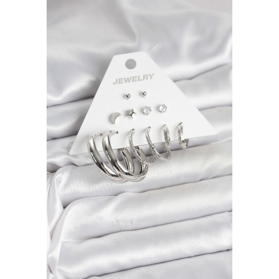 Pirinç Gümüş Renk Halka Modelli 6 Çift Kadın Küpe - TJ-BKP11335