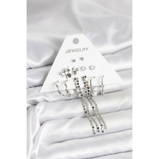 Pirinç Gümüş Renk 6 Çift Kadın Küpe - TJ-BKP11336