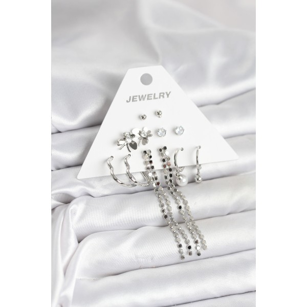 Pirinç Gümüş Renk 6 Çift Kadın Küpe - TJ-BKP11336