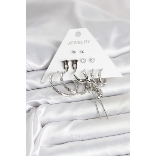 Gümüş Renk Pirinç 6'lı Kadın Küpe Seti - TJ-BKP11337