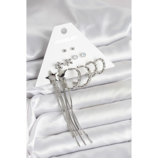 Gümüş Renk Pirinç 6 Çift Kadın Küpe Seti - TJ-BKP11338