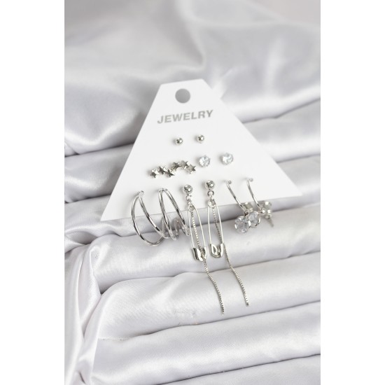 Gümüş Renk 6'lı Pirinç Küpe Seti - TJ-BKP11339