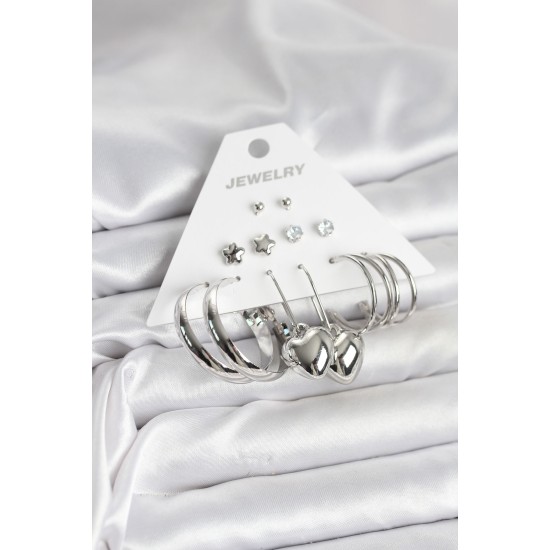 Pirinç Gümüş Renk 6 Çift Kadın Küpe Seti - TJ-BKP11340