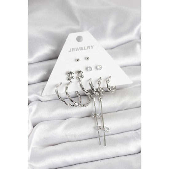 Gümüş Renk Pirinç 6'lı Kadın Küpe Seti - TJ-BKP11341