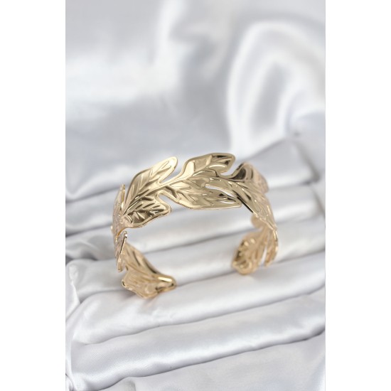 Gold Renk Pirinç Levha Yaprak Model Kadın Bileklik - TJ-BB8052