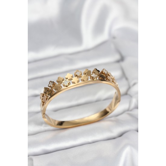 316L Çelik Gold Renk Minimal Yoncalı Kadın Kelepçe Bileklik - TJ-BB8072