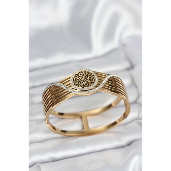 316L Çelik Gold Renk Yaşam Ağacı Modelli Kadın Kelepçe Bileklik - TJ-BB8073