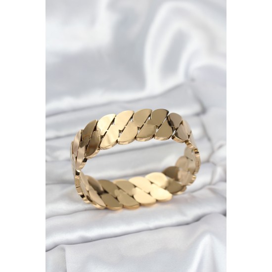 316L Çelik Gold Renk Ezme Zincir Model Kadın Kelepçe Bileklik - TJ-BB8074