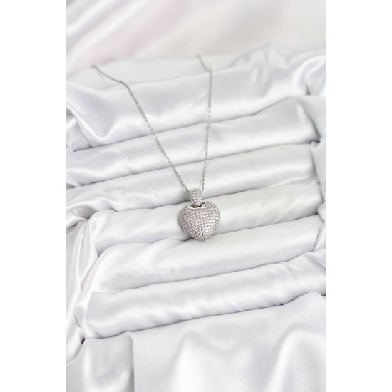 316L Çelik Zincir Gümüş Renk Zirkon Taşlı Kalpli Kadın Kolye - TJ-BKO10606