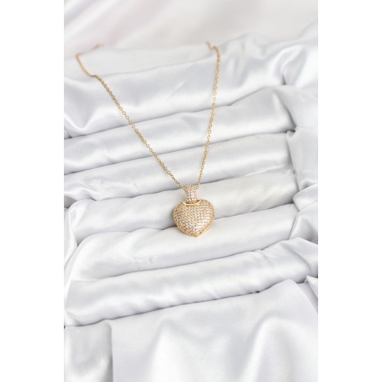 316L Çelik Zincir Gold Renk Zirkon Taşlı Kalpli Kadın Kolye - TJ-BKO10607