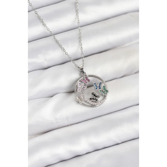 316L Çelik Zincir Gümüş Renk Zirkon Taşlı Kelebekli Kadın Kolye - TJ-BKO10608