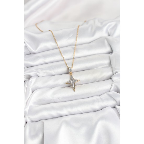316L Çelik Zincir Gold Renk Kutup Yıldızı Model Zirkon Taşlı Kadın Kolye - TJ-BKO10610