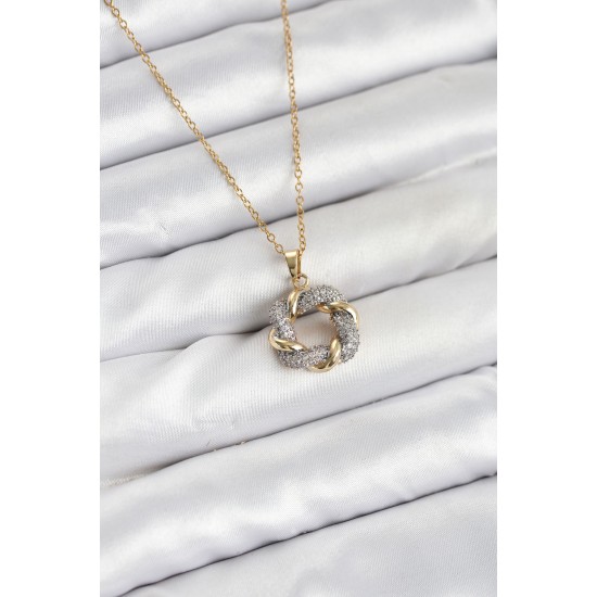 316L Çelik Zincir Gold Renk Zirkon Taşlı Sarmal Model Kadın Kolye - TJ-BKO10612