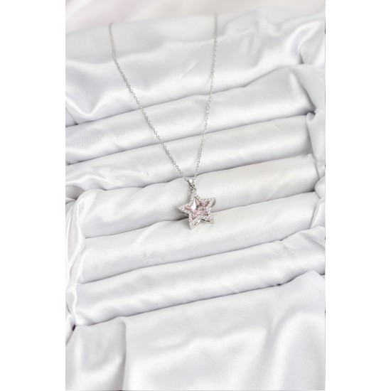 316L Çelik Zincir Gümüş Renk Pembe Taşlı Yıldız Model Kadın Kolye - TJ-BKO10620