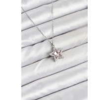 316L Çelik Zincir Gümüş Renk Pembe Taşlı Yıldız Model Kadın Kolye - TJ-BKO10620