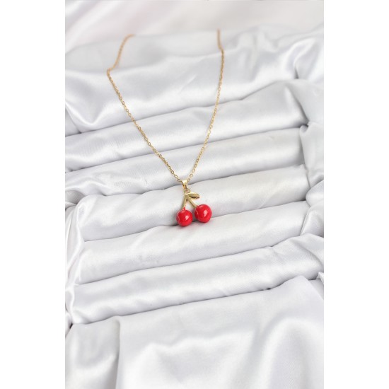 316L Çelik Zincir Gold Renk Kiraz Model Kadın Kolye - TJ-BKO10623