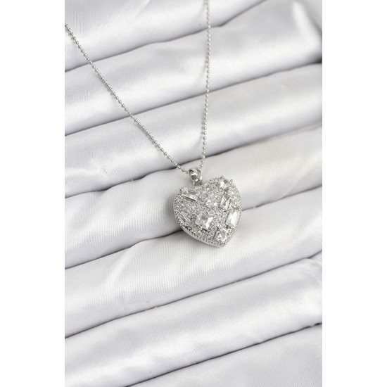 316L Çelik Zincir Gümüş Zirkon Taşlı Kalpli Kadın Kolye - TJ-BKO10625