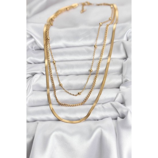 316L Çelik Gold Renk 3'lü Kadın Kolye - TJ-BKO10630