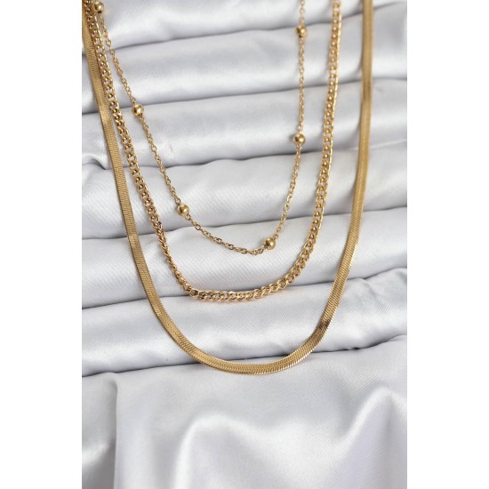 316L Çelik Gold Renk 3'lü Kadın Kolye - TJ-BKO10630