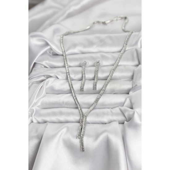 Gümüş Renk Baget Zirkon Taşlı Kadın Kolye Küpe Set - TJ-BKO10637