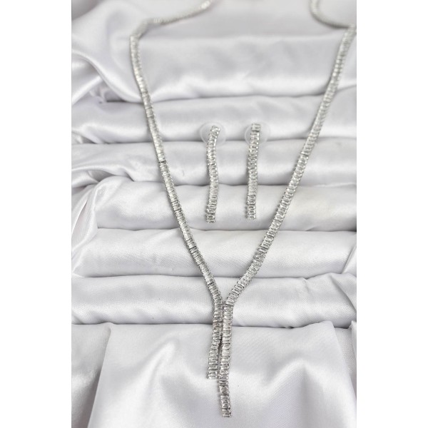 Gümüş Renk Baget Zirkon Taşlı Kadın Kolye Küpe Set - TJ-BKO10637
