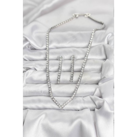 Gümüş Renk Zirkon Taşlı Kadın Kolye Küpe Seti - TJ-BKO10638