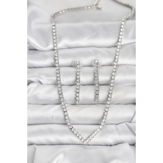 Gümüş Renk Zirkon Taşlı Kadın Kolye Küpe Seti - TJ-BKO10638