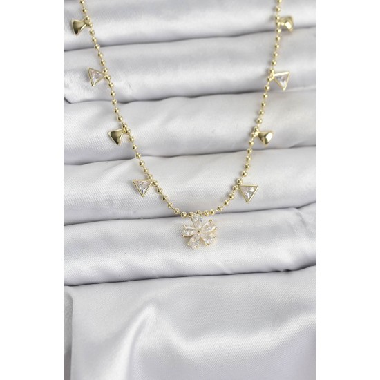 Pirinç Gold Renk Zirkon Taşlı Çiçek Model Kadın Kolye - TJ-BKO10642