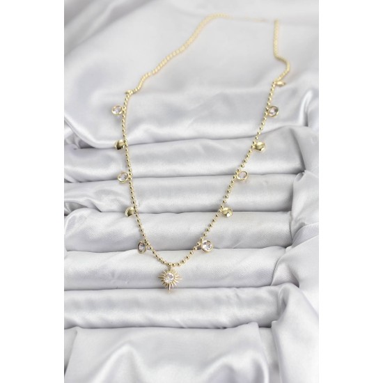 Zirkon Taşlı Kutup Yıldızı Model Pirinç Gold Renk Kadın Kolye - TJ-BKO10648