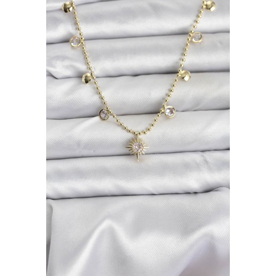 Zirkon Taşlı Kutup Yıldızı Model Pirinç Gold Renk Kadın Kolye - TJ-BKO10648