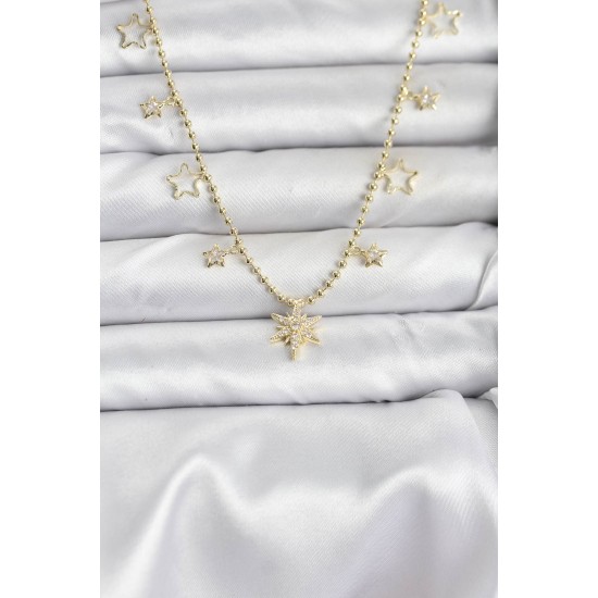 Pirinç Gold Renk Zirkon Taşlı Kutup Yıldızı Model Kadın Kolye - TJ-BKO10649