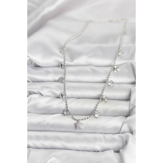 Pirinç Gümüş Renk Yıldız Model Kadın Kolye - TJ-BKO10650