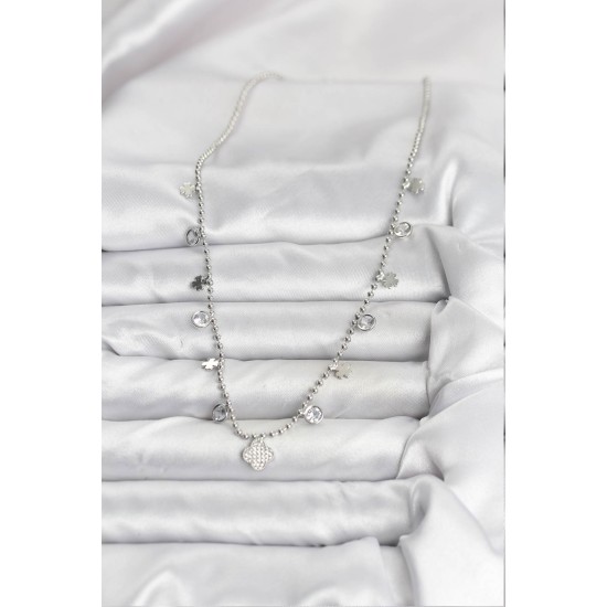 Pirinç Gümüş Renk Yonca Model Kadın Kolye - TJ-BKO10651